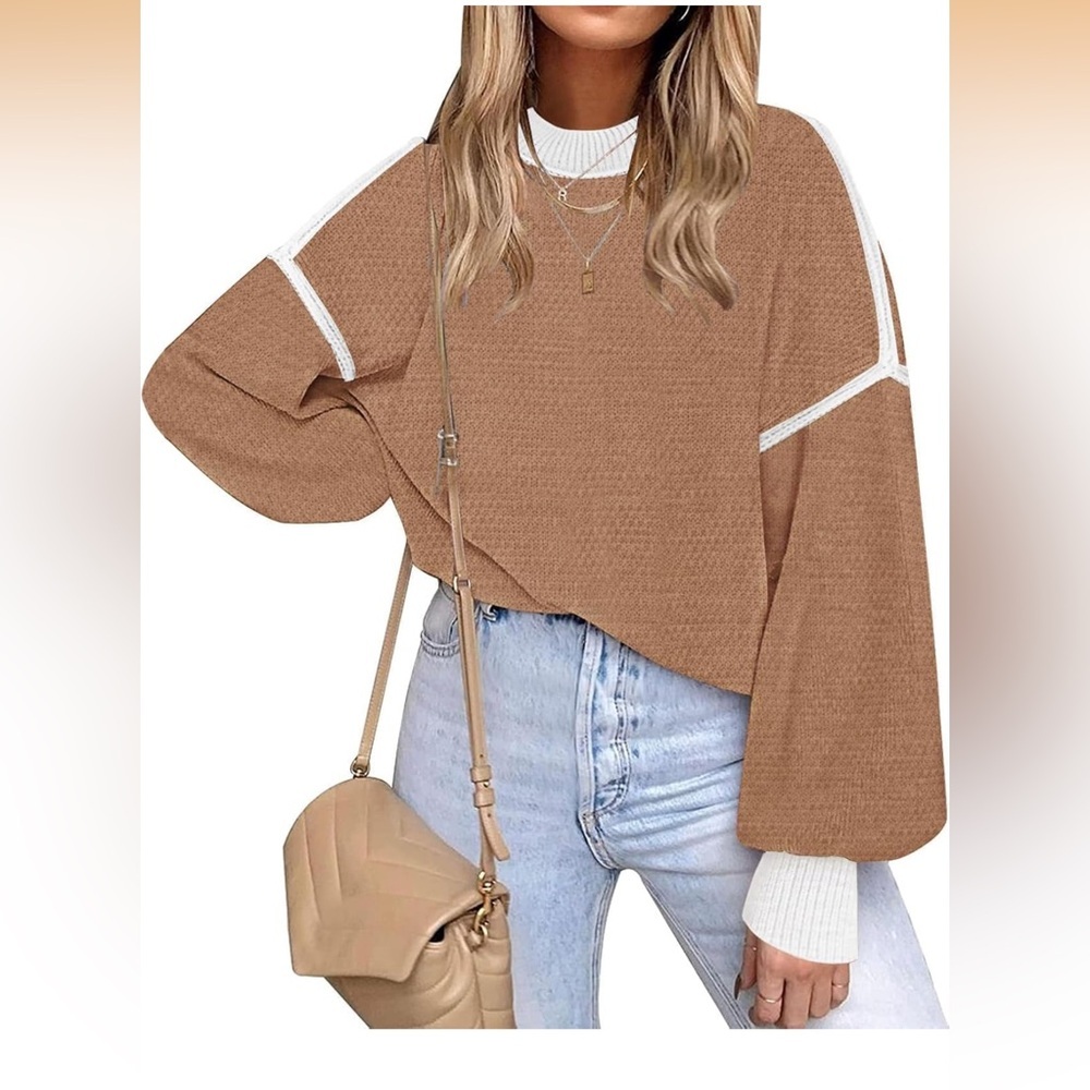 Cozy Caramel Knit Sweater with White Trim NWT